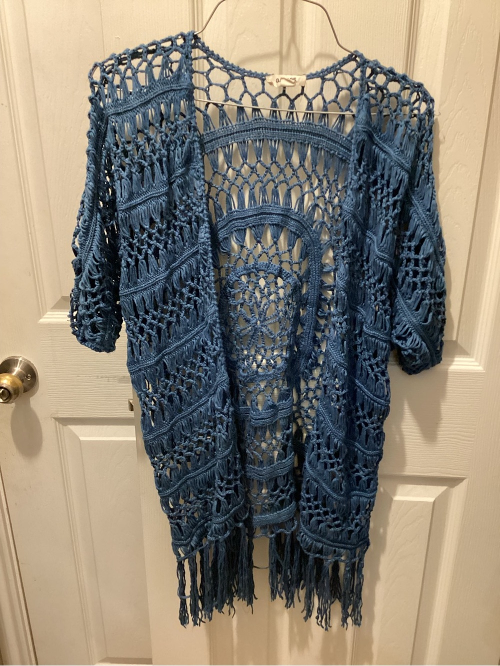 Garage Blue Open Crochet Fringe Kimono Cardigan